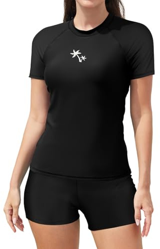 SHEKINI 2-Piece Rash Guard Swimsuits for Women UPF 50+ Short Sleeve Shirt | with Built in Bra, Boyleg Swim Shorts, Two Piece Swimming Costumes, Modest Swimwear Surf Suit