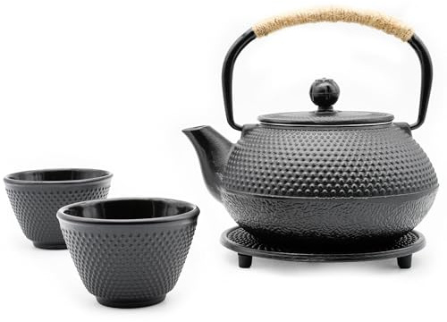 Zen Minded Théière Traditionnelle Japonaise En Fonte Tetsubin Ensemble De Théière à Thé 2 Tasses, Dessous De Plat, Poignée En Corde Et Filtre à Feuilles Mobiles En Acier Inoxydable Pour Thé Vert Et