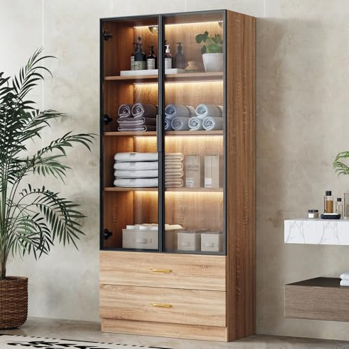 KSFASHZ Vitrine Standschrank mit LED-Beleuchtung, Vitrinenschrank mit 2 Schublade,2 Türen,4 Einlegeböden - Glasvitrine Schrank Modern Möbel (Natur, 2 Schublade,2 Tür)