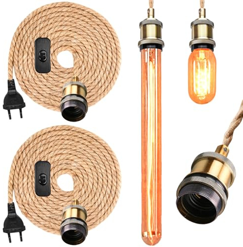 2 Stück Pendelleuchte Kit E27 mit Schalter & 5m Hanfseil - Dimmbare Industrielle Vintage Hängeleuchte für Wohnzimmer, Küche, Schlafzimmer (Ohne Glühbirne)