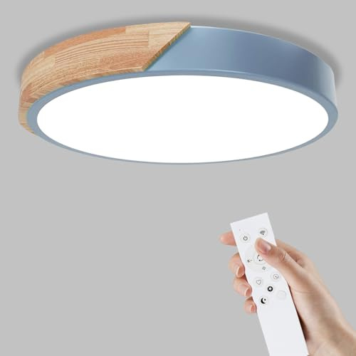 Yexati Plafón LED Redondo de Madera, 32W 6000K/4000K/3000K,3200LM, IP44 Lámpara de Techo Regulable con Mando a Distancia,Lampara LED Techo Modernos de Madera con para Baño, Cocina, Balcón, Azul