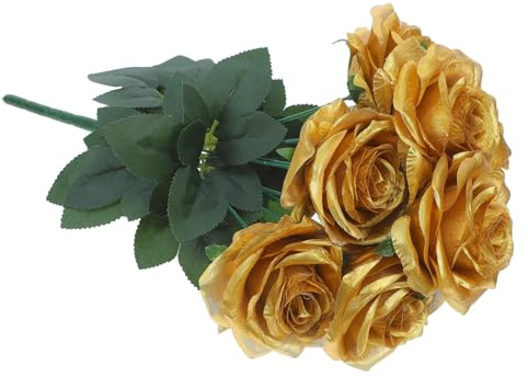 CLISPEED 1 Bund Künstlicher Rosenstrauß Gold Köpfe Realistische Künstliche Rosen Blumen für Tischdeko Hochzeit Brautstrauß DIY Party Dekoration Wohnzimmer Esszimmer Mittelstück