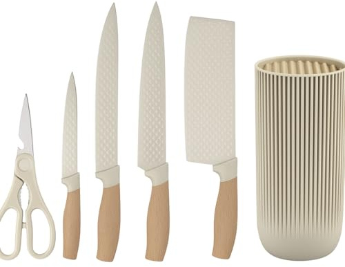 Set de 5 Couteaux de Cuisine avec Bloc – Acier Inoxydable – Manche Antidérapant – Kit Polyvalent Maison & Restaurant (Beige/Noir) (Beige)