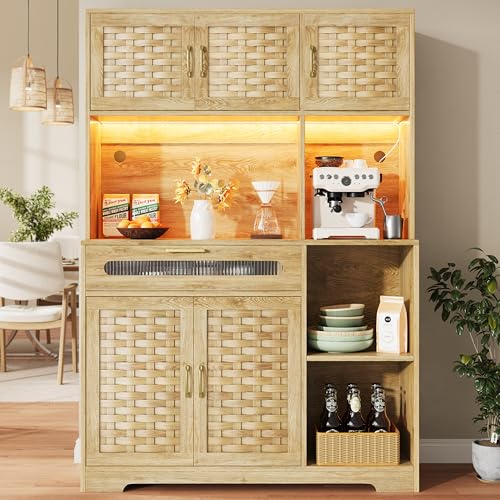 FammyLoft Küchenschrank mit MDF-gewebte Schranktüren, Buffetschrank mit LED-Beleuchtung, Hochschrank mit Schubladen, Standvitrine für Küche Wohnzimmer Esszimmer Bar, 120×40×180cm, Natur