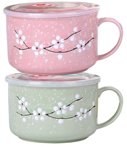fkngcp Lot de 2 bols à soupe avec poignées, 800 ml/28 oz, résistant à la chaleur, tasse soupe pour micro-ondes avec couvercle, tasse de voyage en céramique florale Wintersweet pour ramen