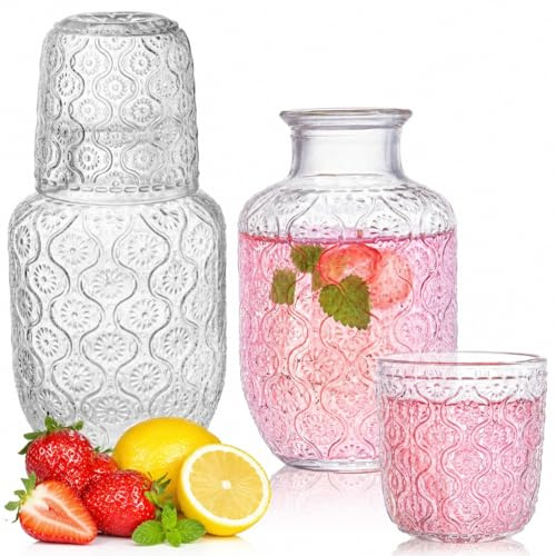 Xygobla Vintage Bedside Water Carafe Set, Bedside Water Carafe and Glass Set, 500ml Glass Juice Pitcher and 150ml Cup, Thicked Glasses Mouthwash Decanter for Bathroom,Bedroom Nightstand,Kitchen (A)