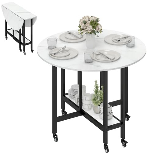HOMCOM Klappbarer Esstisch 33-100cm Rollender Klapptisch Weiß Marmor