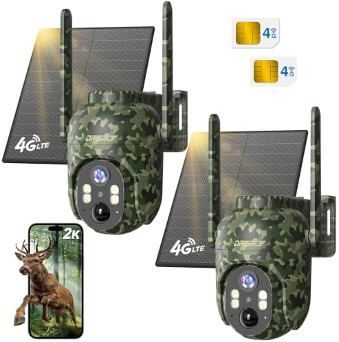DFGRD Cámara Vigilancia Solar 4G con SIM, Inalámbrica, PTZ, Visión Nocturna | vídeo 2K, control remoto y vista en directo por app, acceso compartido, batería duradera; bosque, granja y jardín;2 piezas