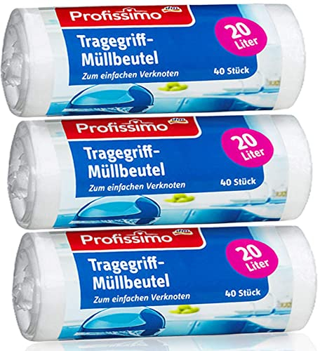 Sacchetti per l'immondizia con maniglia per il trasporto, da 20 litri, anti-strappo e impermeabili. Tre confezioni da 120 pezzi (3 x 40 pezzi). Prodotto e confezione riciclabili