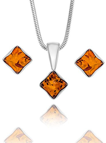 Copal Exklusives Set Aus Bernstein Und Sterling Silber Mit Quadratischen Anhänger Und Ohrringen