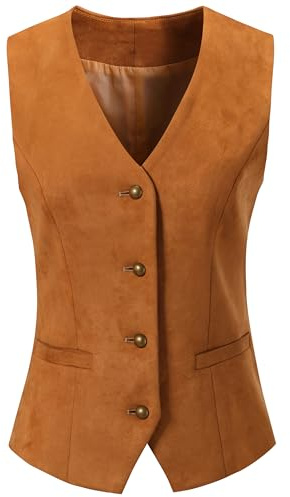 V VOCNI Women's Fully Lined 4 Button V-Neck Economy Dressy Suit Vest Waistcoat Suede Leather Khaki Medium