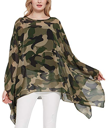 Wiiiwish Women's Loose Solid Long Batwing Sheer Chiffon Caftan Wrap Poncho Tunic Top Topper Camouflage