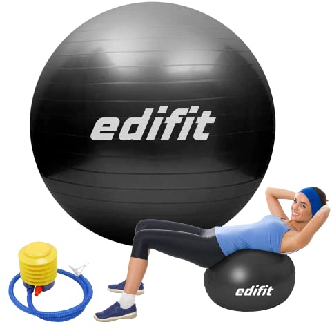 EDIFIT, Palla Fitness, 55, 65 e 75cm, Pilates Attrezzi Casa, Incluso il Gonfiatore, Fitball, Yoga Accessori, Palla Gravidanza, Ginnastica Ritmica (75cm, Nero)