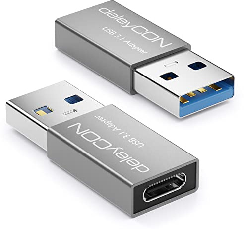 deleyCON USB C Adapter 3.0, 2 Stück, 5Gbit/s, C auf A - Silber | Für Lade-/Datenkabel, Ladegerät, Powerbank, iPhone 17/16/15, iPad, AirPods, Watch, Galaxy S26/S25/S24, PC, Tablet, Notebook