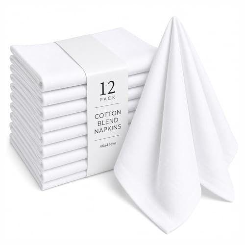 CHARKHAH Dinner Napkins Cotton Blend | Pack of 12, 24 & 36 | 46x46cm Washable Table Napkins | Dining, Wedding, Party & Restaurant | White (Pack of 12)