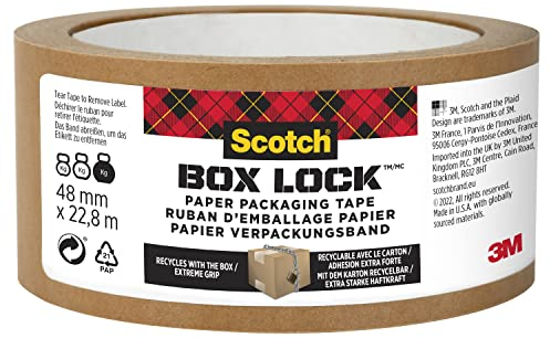 Scotch Nastro da imballo in carta Box Lock - 1 Rotolo, 48 mm x 22.8 m - Nastro da imballo Avana - Riciclabile - per Chiudere Scatole per Chiudere Scatole, Cartoni e Pacchii