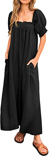 KIRUNDO Women 2026 Summer Maxi Dress Casual Loose Puff Sleeve Square Neck Maternity Flowy Long Beach Dresses with Pockets(Black, Medium)
