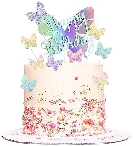 16Pcs Butterfly Cake Decorations, Butterfly Cake Topper Colorful Butterfly Cake Toppers Gradient Sequins Butterfly Cupcake Topper for Girls Birthday Wedding Party Fairy (Blue)