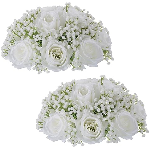 BLOSMON Kunstblumen Rosen Schleierkraut Hochzeitsdeko: 2 Stück Weiß Künstliche Rose Gypsophila Blumenstrauß Blumen Kugeln für Tischdeko Hochzeit Party Tafelaufsätze Dekoration Zuhause Zimmer Deko