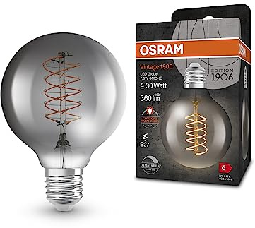 Osram Vintage 1906 LED-Lampe mit Smoke-Tönung, 7,8W, 360lm, Kugel-Form mit 80mm Durchmesser & E27-Sockel, warmweiße Lichtfarbe, spiralförmiges Filament, dimmbar, bis zu 15.000 Stunden Lebensdauer