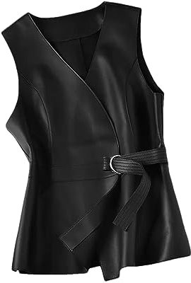 Hdhdeueh Damen Kurzes schwarzes Schaffell V-Ausschnitt Gürtel Weste Leder Slim Ärmellos Oberbekleidung, 2064 Schwarz, 42