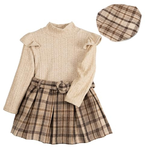 Miipat Babyflickkläder set 2 delar set för flickor långärmad topp med minikjol höst vinter baby flicka klänning, Kameler, 4-5 ans