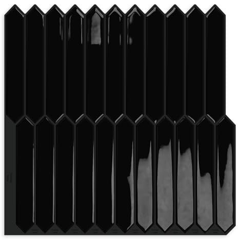 Black Long Hexagon Tile Peel and Stick Backsplash, 10 Sheets Self-Adhesive Wall Tiles Stick on Back Splash for Kitchen, Bathroom, Fireplace,RV(12×12)