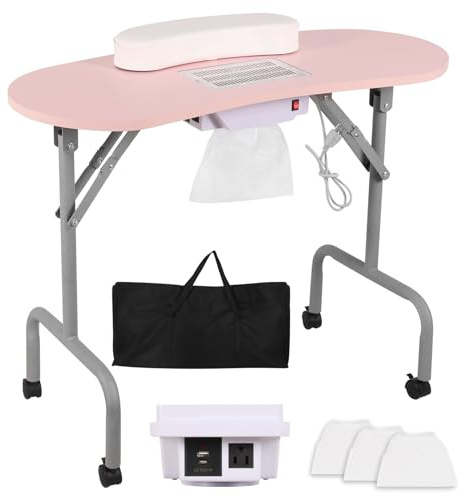 AGESISI Portable Manicure Table Nail Desk with Charging Station & Dust Collector, Foldable Nail Tech Table for Technician Spa Salon Workstation with Wrist Pad 4 Lockable Wheels, 36-inch, Pink