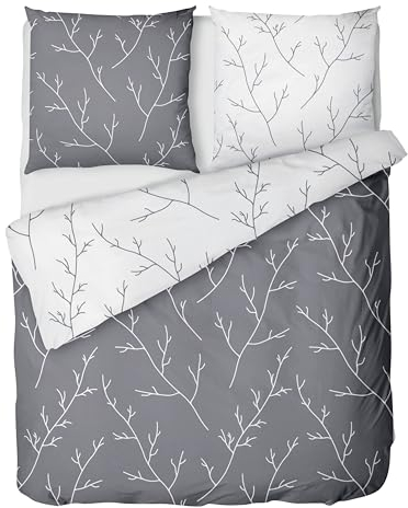 LINKHOFF Biber Bettwäsche 135x200cm - 2tl. Blumenmuster in Grau Weiß - Bettwäsche 100% Baumwolle - Bettwäsche-Set Aesthetic Zweige Floral Paisley
