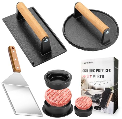 Smashed Burger Press BBQ Kit: 17.8 cm Round & 8.2x4.3 Rectangular Hierro Fundido Bacon Press, 3 en 1 Patty Maker, Espátula 15.2x12.7 cm, Juego de Prensa de Hamburguesas para Blackstone, Traeger, Pit