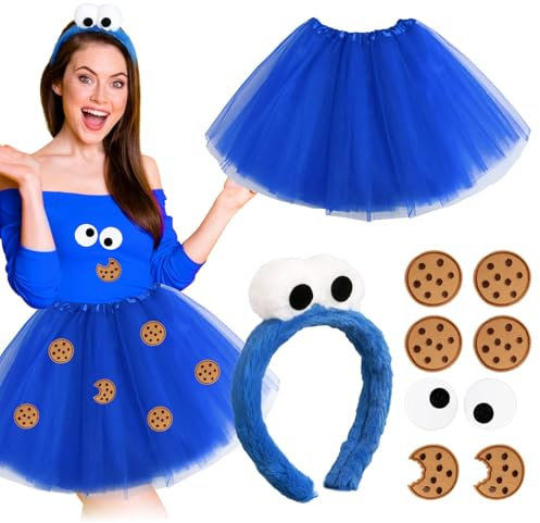 BOFUNX Damen Tüllrock Blau Tutu Rock Minirock + Haarreif mit Augen Haarband + 10pcs Cookie Aufnäher für Fasching Karneval Mottoparty Cospaly Kostüm
