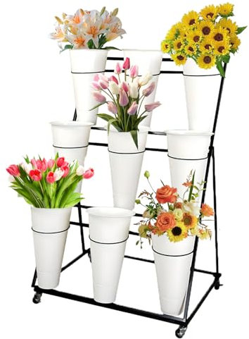 Flower Display Stand, 2 Layers Heavy Duty Metal Moving Wrought Iron Bouquet Shelf, Iron Florist Flower Display Stand with Plastic Buckets and Wheel, for Garden, Courtyard (3 Tier 9 White Bucket)