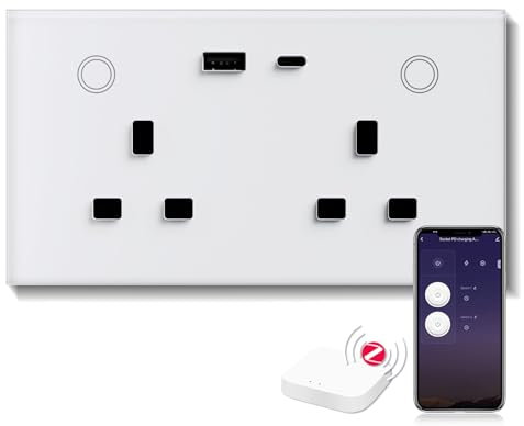 BSEED ZigBee Socket 2Gang with USB and Type C Compatible with Alexa and Google Home, Metered Socket With APP Remote Control with Smart Life, Smart Timer Outlet 16A White（Gateway Hub Needed)
