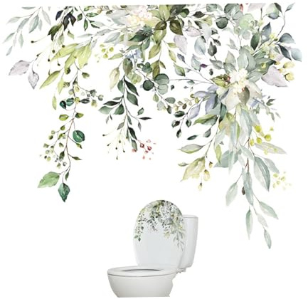 Autocollants muraux amovibles pour abattant de toilettes - Feuilles de plantes - Autocollants muraux pour salle de bain - Petites fleurs - Autocollants muraux pour salle de bain