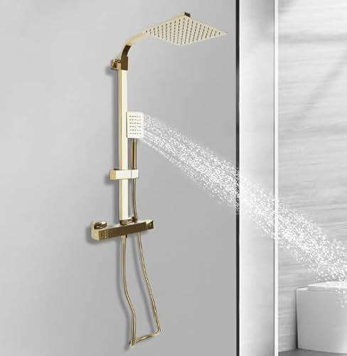 Duschsystem mit Thermostat, Regendusche Duschset Thermostat Regendusche Duschgarnitur Duscharmatur Set mit 30x20cm Oberbrause und Handbrause Gold