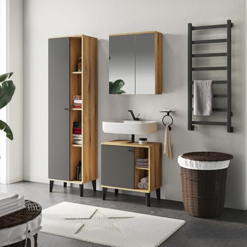 Lomadox Badmöbel-Set 3-teilig mit Waschbeckenunterschrank 60 cm, Spiegelschrank, in Eiche mit grau, modern