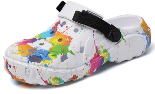 ELIOGN Zuecos de goma EVA para hombre con diseño de salpicaduras de color, ligeros, antideslizantes, con correa ajustable, zapatos de agua transpirables para jardín, playa, piscina y ocio en verano