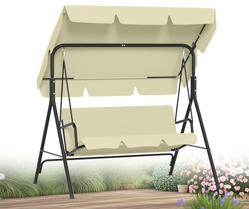 XMTECH Hollywoodschaukel 3-Sitzer Gartenschaukel mit Sonnendach 175cm Beige | Stabiler Stahlrahmen bis 200 kg, verstellbar, komfortable Kissen, ergonomische Armlehnen für Terrasse, Balkon und Garten