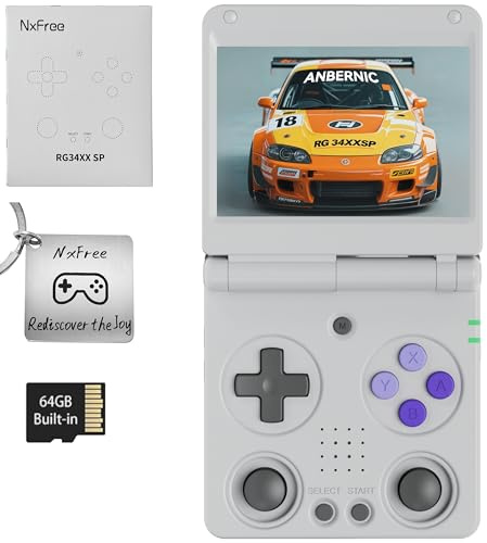 RG34XXSP, Retro-Spielekonsole, Flip-Design, 8,6 cm (3,4 Zoll) IPS-Bildschirm, 64 G TF-Karte, tragbarer Handheld-Stil (Grau 64 G)