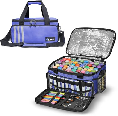 ORKELS Craft Paint and Marker Organizer, Acrylic Paint Storage Bag with Brush and Bottle Holders, Large Marker Carrying Case for Artists (Purple)