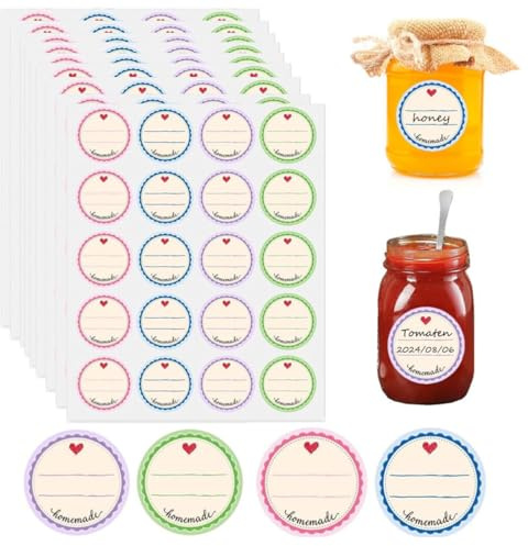 YUVKIN 100 Stück Selbstklebende Marmeladen Etiketten, Dekorative Sticker für Marmeladenglas und Einmach-Gläser, Gewürzetiketten, Rund, Ablösbar, Homemade (Ø38 mm) (4 Farben)