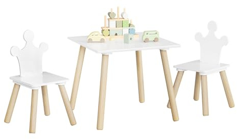WOLTU WOTU Mesa Infantil con 2 Sillas, Sillas para Niños con Respaldo Corona, Muebles Infantiles para Habitacion Guardería, Patas de Madera, Blanco + Roble Claro, a Partir de 2 Años