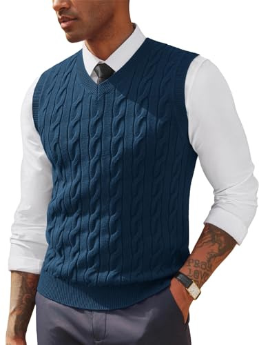 Mens Cable Knit V Neck Vest Sleeveless Textured Sweater Ribbed Pullover Royal Blue XL