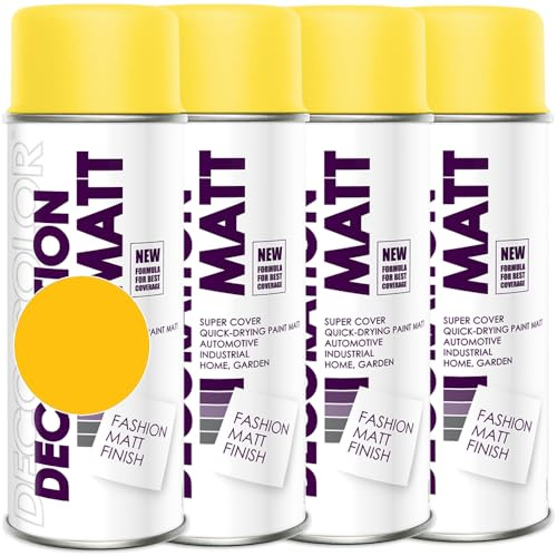 Deco Color 4er Sparpack Lackspray Matt nach RAL in 400ml zur Lackierung von Auto Stahl Aluminium Beton Holz (4 Dosen in gelb MATT RAL 1023)