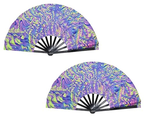 PUQGAOIP 2Pcs UV Reactive Large Hand Fan Folding, Psychedelic Ripple Pattern Rave Fan for Rave Outfit & Festival Accessories, Big Foldable Handheld Fans for Clubbing