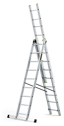 DRABEST Leiter PRO Serie Aluleiter 3-teilig Mehrzweckleiter 3x9 Stufen Leiter Multifunktionsleiter Kombileiter bis 150 kg Beslastbar - Arbeitshöhe 5,83 m - inkl. Eimerhaken