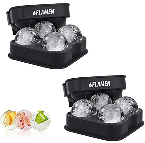 Flamen XXL Ice Ball Maker Mold, 4X Jumbo Ice Spheres Through BPA Free, Food Grade Quality Silicone Press, Best Ice Baller Tray Gadget for Whiskey, Gin and More, The Essential BAR Accessory(2Pack)