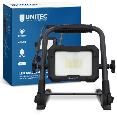 UNITEC LED Strahler mit Akku 20 Watt, 2000 Lumen, Inkl. Netzteil, wiederaufladbar, Baustrahler, 6500 Kelvin, Schwarz, IP54, Sicherheitsglas, Lithium-Ionen-Akku, Energieeffizienzklasse C
