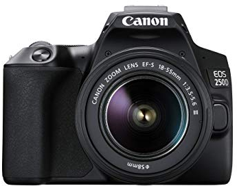 Canon EOS 250D digitale Spiegelreflexkamera + Objektiv EF-S 18-55mm F3.5-5.6 III (24, 1 Megapixel, 7,7 cm/3 Zoll Vari-Angle Display, APS-C-Sensor, 4K, Full-HD, DIGIC 8, WLAN, Bluetooth), schwarz