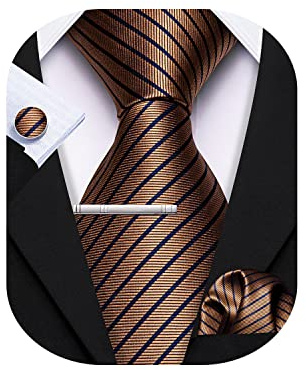 Barry.Wang Cravates d'affaires en soie pour homme avec mouchoir de poche et boutons de manchette à rayures écossaises Ensemble de cravates pour mariage festif, café, taille unique